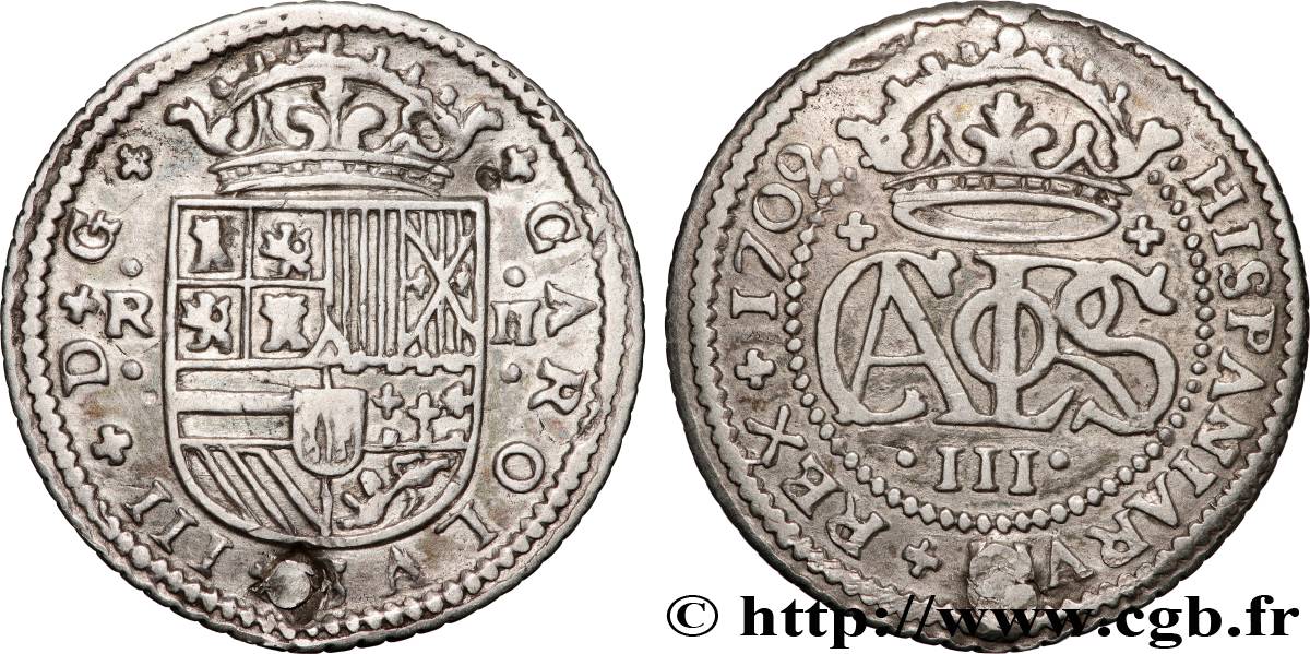 SPAIN 2 Reales Charles III 1709 Barcelone XF 