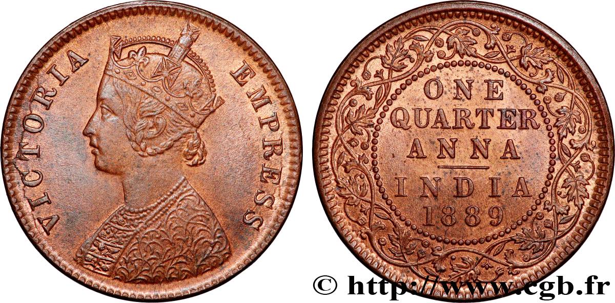BRITISH INDIA 1/4 Anna Victoria 1889 Bombay MS 