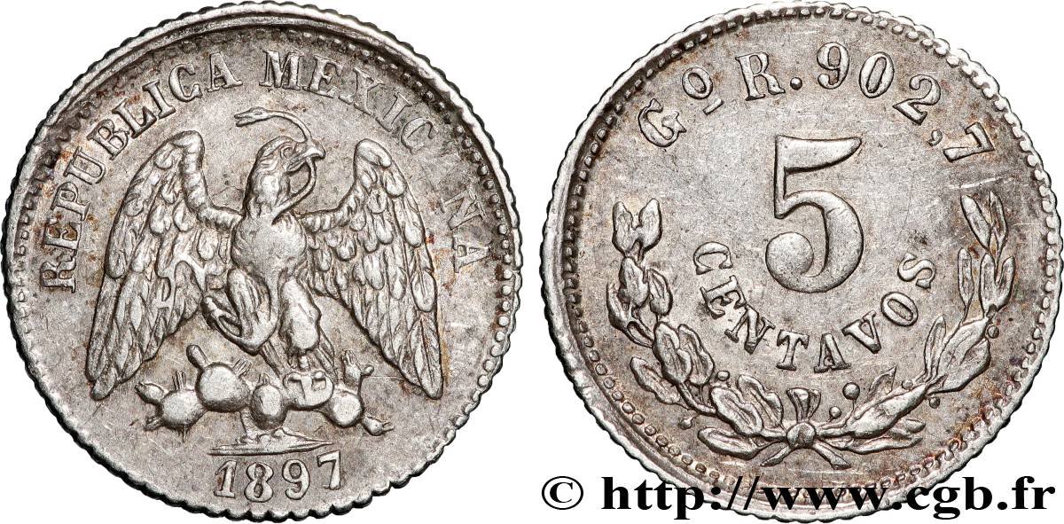 MEXICO 5 Centavos 1897 Guanajuato AU 