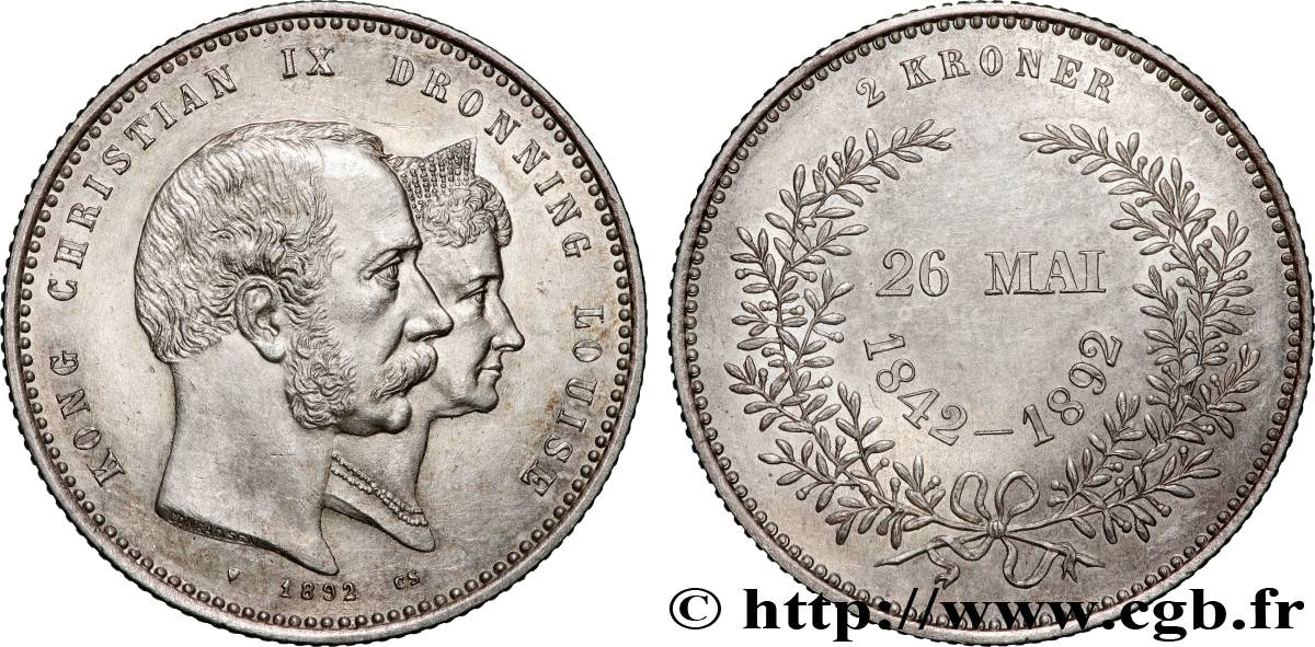 DINAMARCA - REINO DE DINAMARCA  - CRISTIÁN IX 2 Kroner noces d’or du roi Christian IX et de la reine Louise de Hesse-Kassel 1892 Copenhague SC 