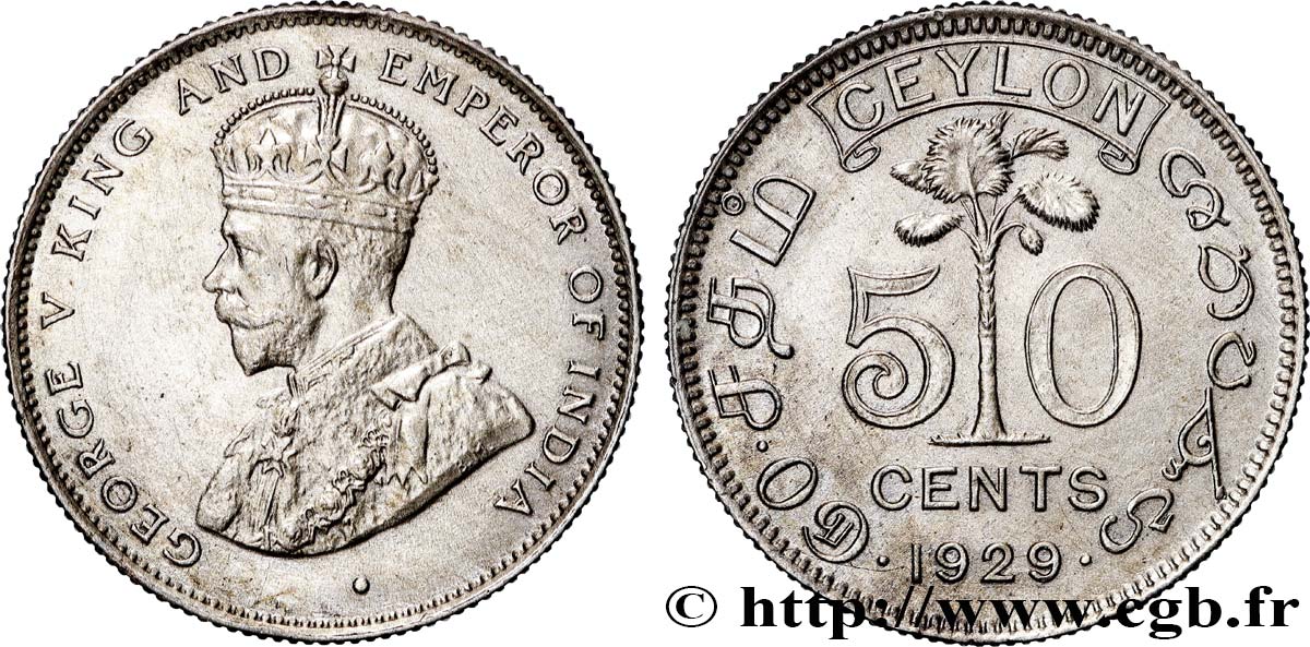 CEYLON 50 Cents Georges V 1929  VZ 