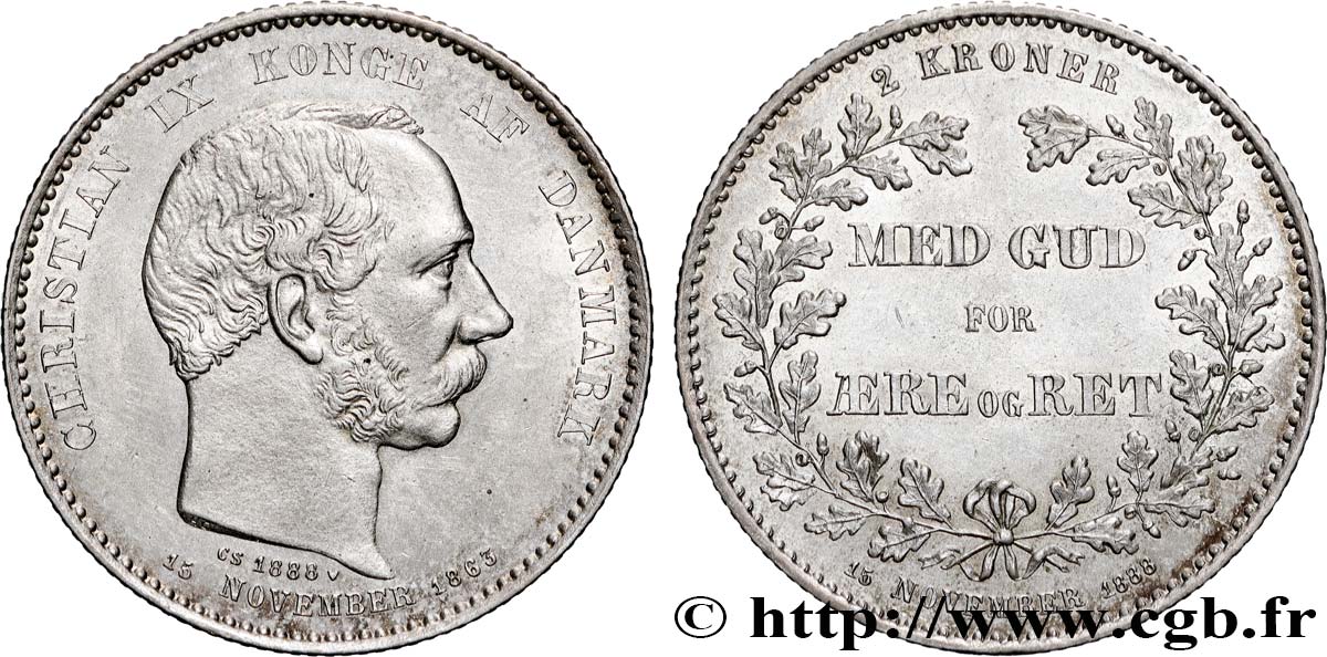 DENMARK 2 Kroner 25e anniversaire de règne du roi Christian IX  1888 Copenhague MS 