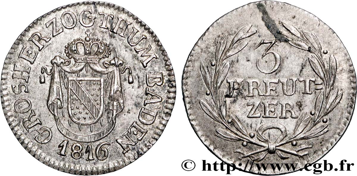 GERMANY - BADEN 3 Kreuzer Charles II Louis Frédéric 1816 Mannheim AU 