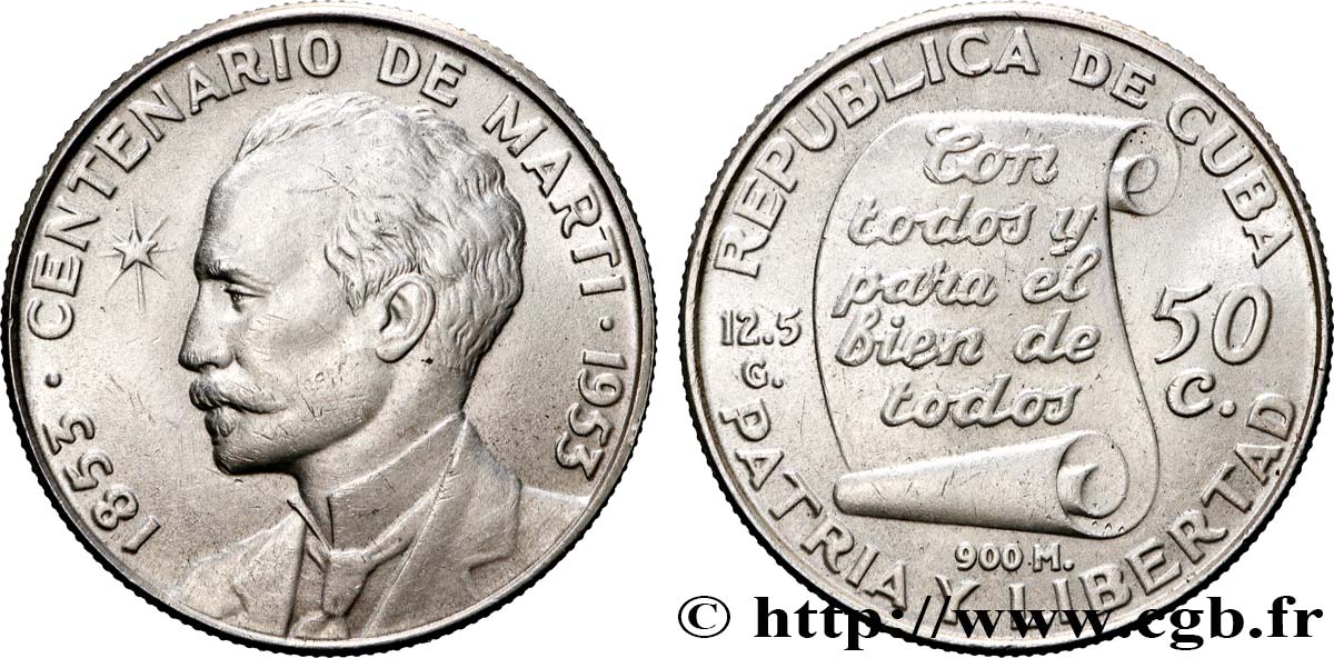 CUBA 50 Centavos centenaire naissance de José Marti 1953  TTB+ 