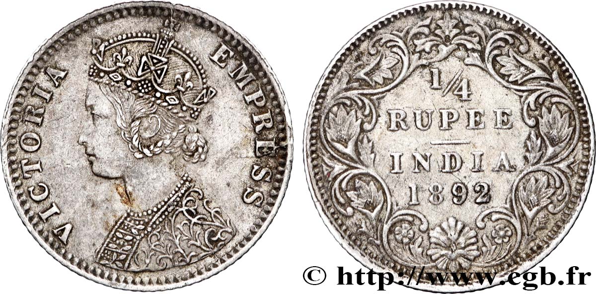BRITISH INDIA 1/4 Rupee (Roupie) Victoria 1892 Bombay AU 