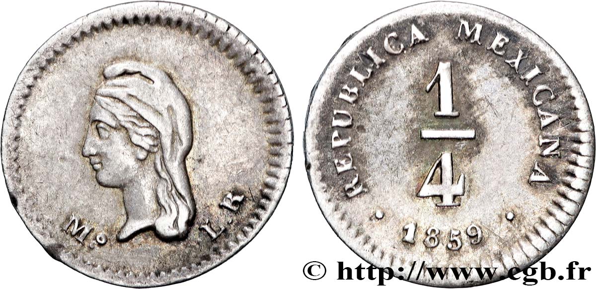 MEXICO 1/4 Real “République” 1859 Mexico AU 
