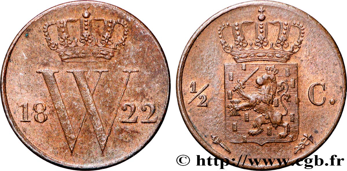 PAYS-BAS 1/2 Cent  emblème monogramme de William Ier 1822 Bruxelles TTB+ 