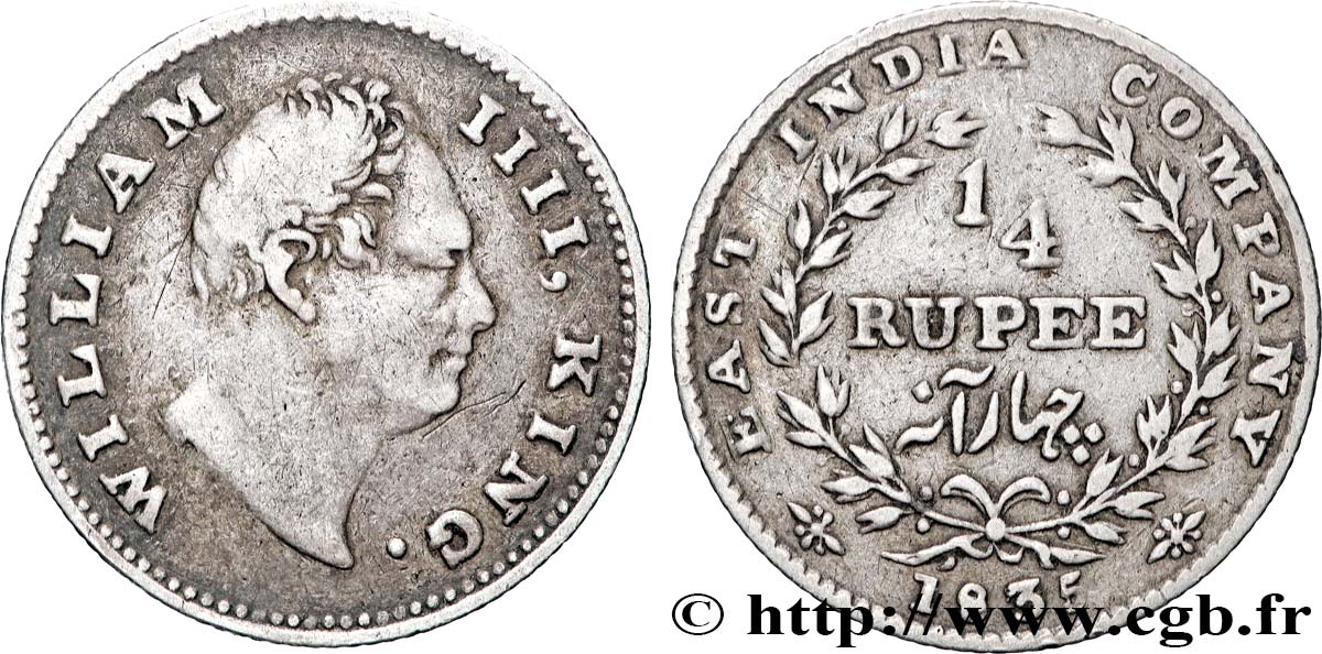 INDES BRITANNIQUES 1/4 Rupee (Roupie) William IV 1835 Calcutta TTB 