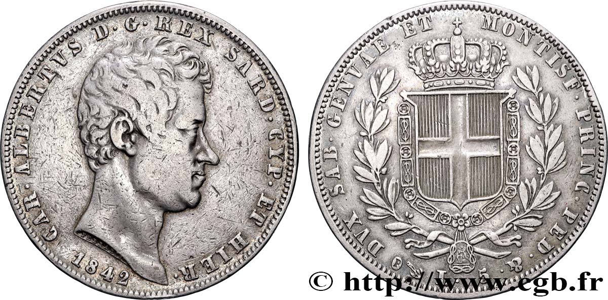 ITALY - KINGDOM OF SARDINIA - CHARLES-ALBERT 5 Lire Charles Albert 1842 Gênes XF 