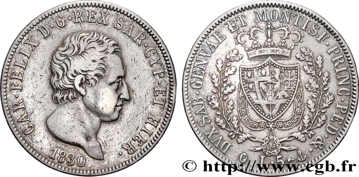 ITALY - KINGDOM OF SARDINIA - CHARLES-FELIX 5 Lire  1830 Gênes XF 