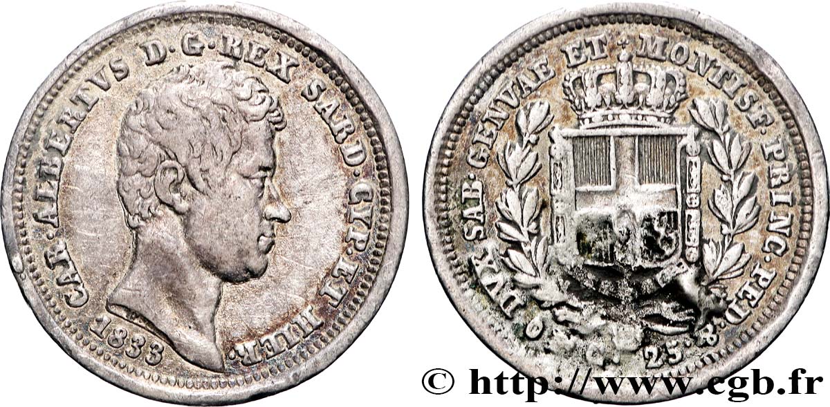 ITALY - KINGDOM OF SARDINIA - CHARLES-ALBERT 25 Centesimi  1833 Turin XF 