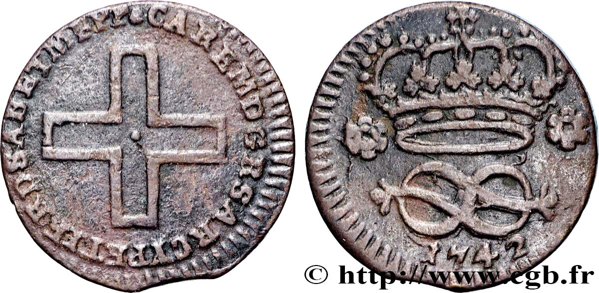SAVOY - DUCHY OF SAVOY - CHARLES-EMMANUEL III 2 deniers, 2e type, (2 denari) 1742 Turin XF 