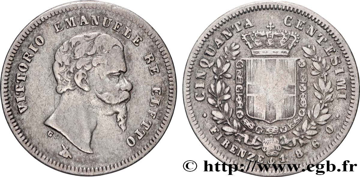 ITALY 50 Centesimi Victor Emmanuel II Roi élu 1860 Florence VF 