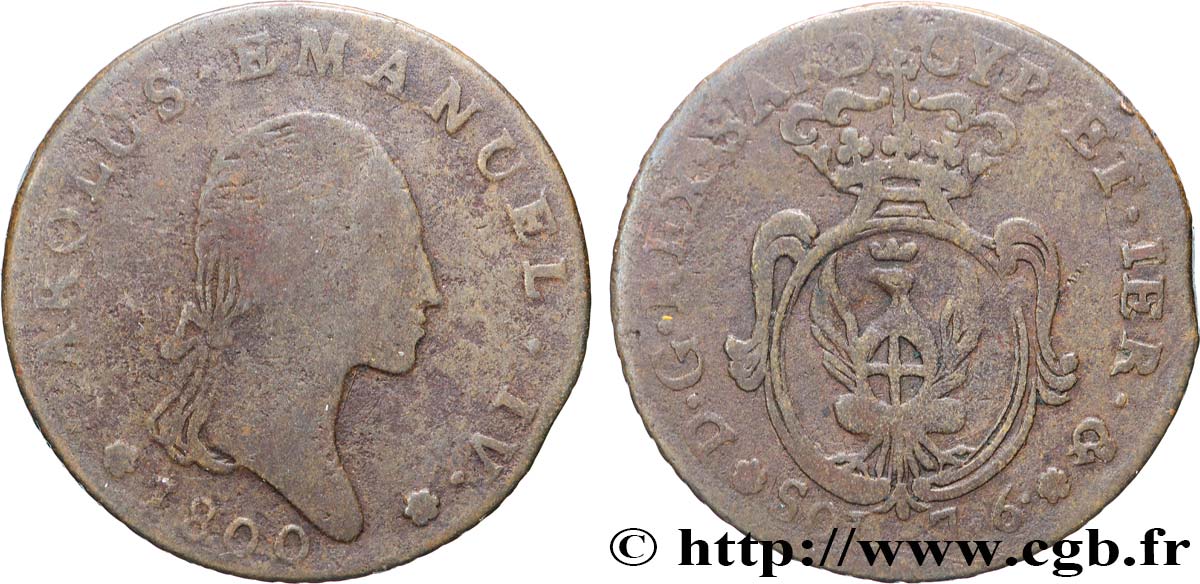 ITALY - KINGDOM OF SARDINIA 7 Soldi 6 Denari Charles-Emmanuel IV 1800 Turin VF 