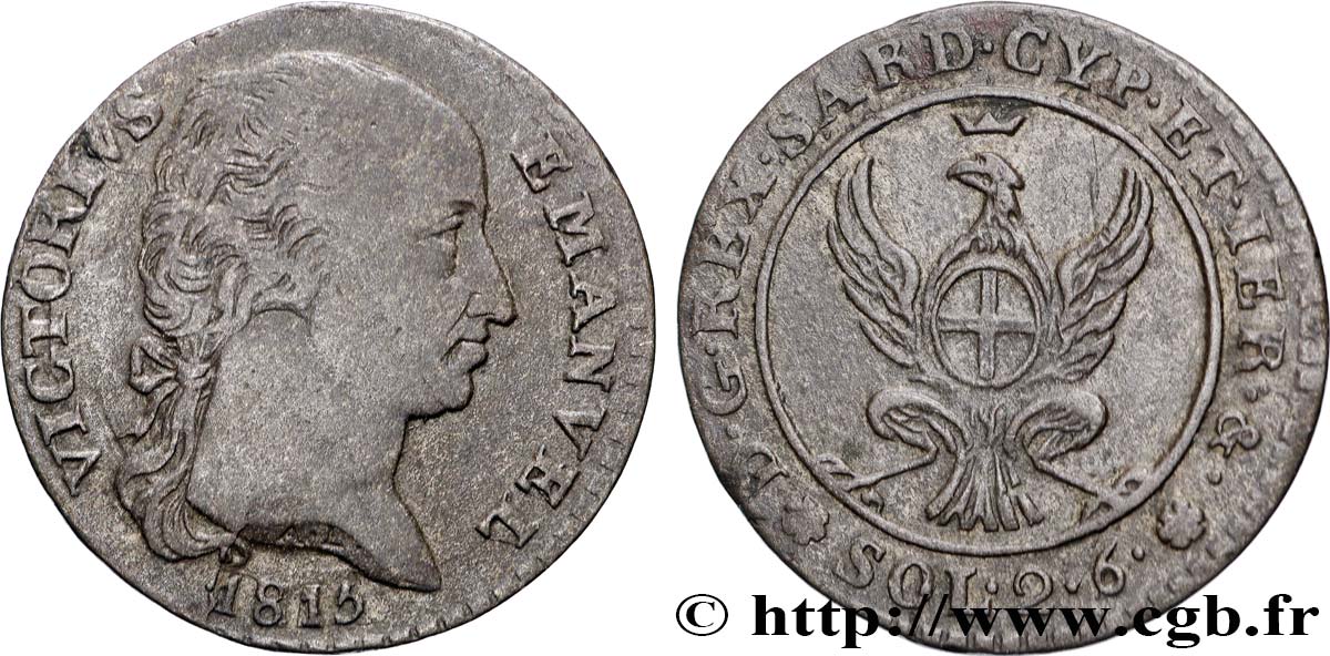 ITALY - KINGDOM OF SARDINIA 2 Soldi et 6 Denari Victor-Emmanuel Ier de Sardaigne 1815 Turin XF 