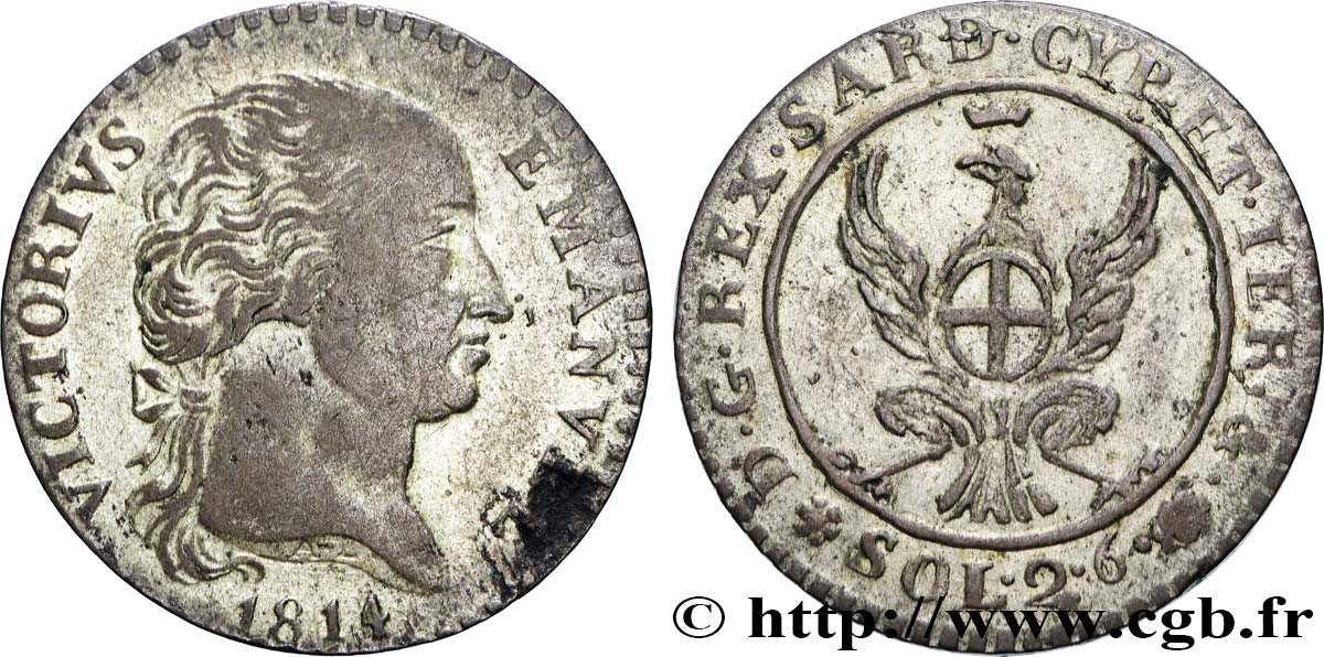 ITALY - KINGDOM OF SARDINIA 2 Soldi et 6 Denari Victor-Emmanuel Ier 1814 Turin VF 