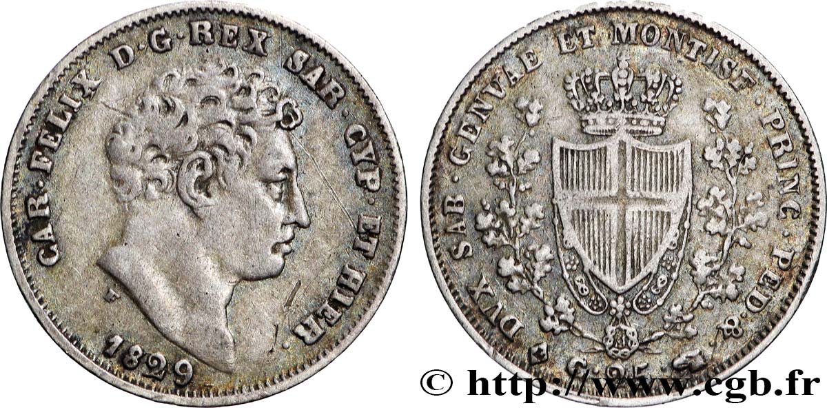 ITALIE - ROYAUME DE SARDAIGNE - CHARLES-FÉLIX 25 Centesimi  L 1829 Turin TB+ 