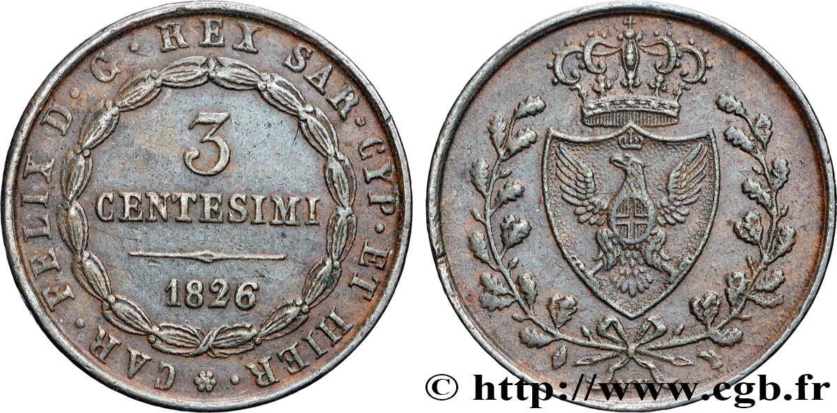 ITALIE - ROYAUME DE SARDAIGNE 3 Centesimi type au “L” 1826 Turin TTB+ 