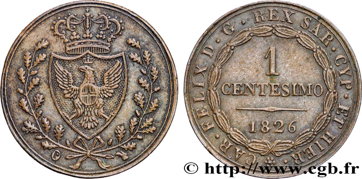 ITALY - KINGDOM OF SARDINIA 1 Centesimo Charles Félix “P” 1826 Turin AU 
