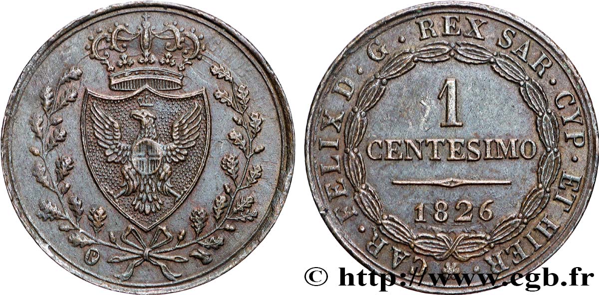 ITALIA - REINO DE CERDEÑA 1 Centesimo Charles Félix “P” 1826 Turin EBC 