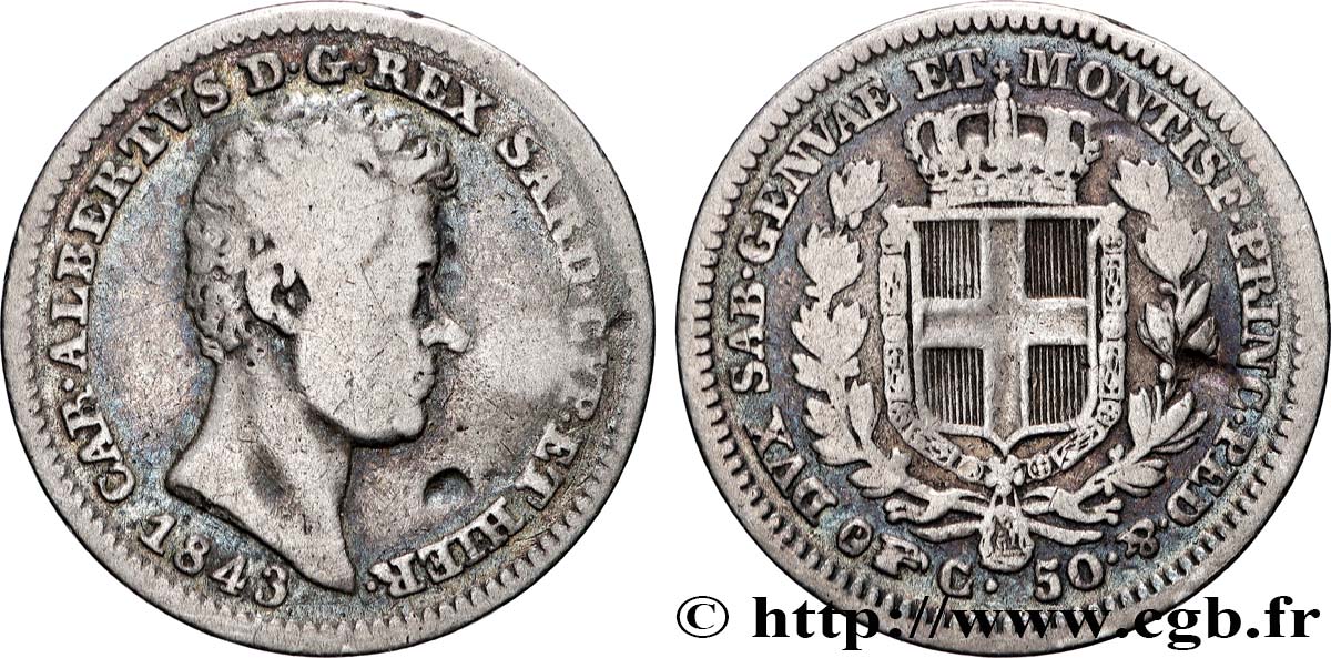 ITALY - KINGDOM OF SARDINIA - CHARLES-ALBERT 50 Centesimi  1843 Turin VF 