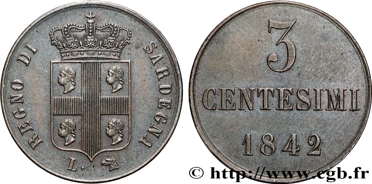 ITALY - KINGDOM OF SARDINIA 3 Centesimi Royaume de Sardaigne 1842 Turin AU 