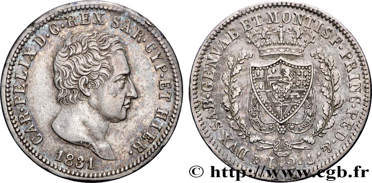 ITALIE - ROYAUME DE SARDAIGNE 2 Lire Charles-Félix 1831 Gênes TTB 