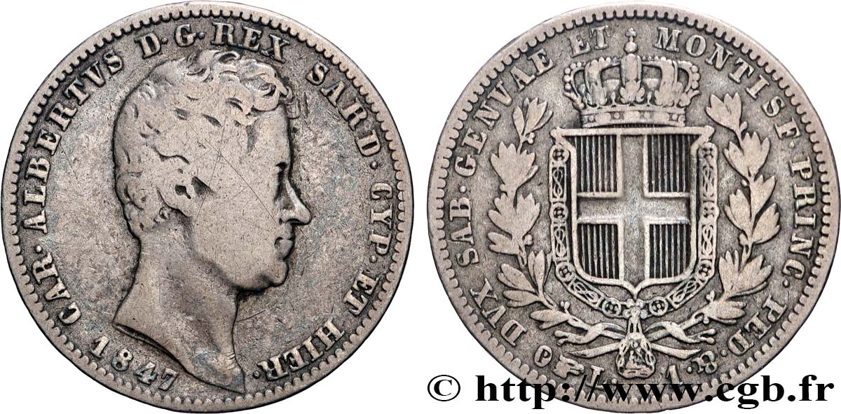 ITALY - KINGDOM OF SARDINIA - CHARLES-ALBERT 1 Lire  1847 Turin VF 