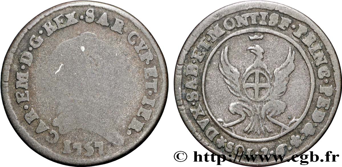 SAVOY - DUCHY OF SAVOY - CHARLES-EMMANUEL III 2 sols de demi (soldi 2.6) 1757
 Turin VF 