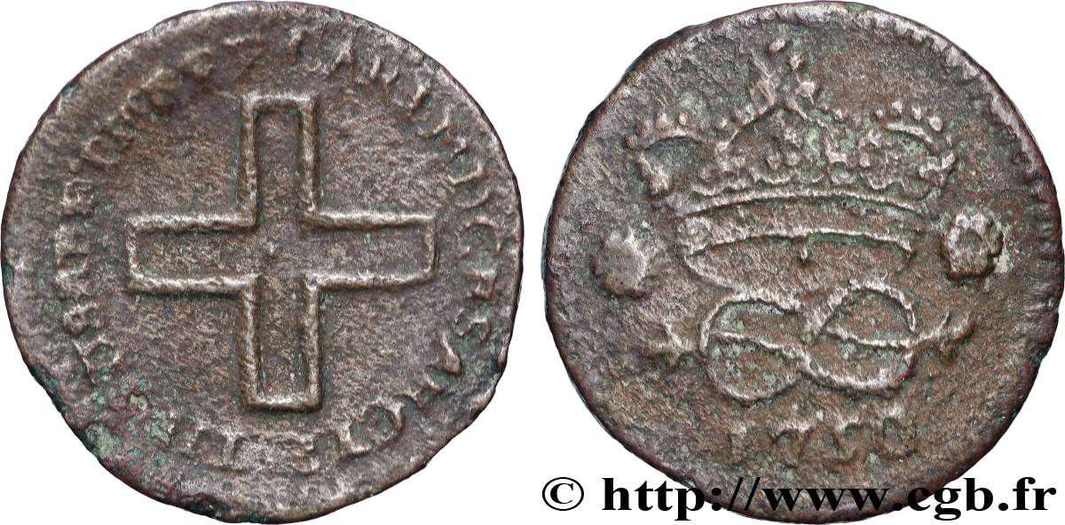 DUCHY OF SAVOY - CHARLES-EMMANUEL III 2 deniers, 2e type, (2 denari) 1750 Turin VF 