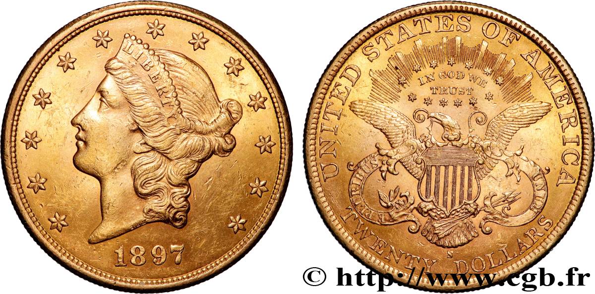 OR, PALLADIUM ET PLATINE INVESTISSEMENT 20 Dollars  Liberty  1897 San Francisco TTB+ 