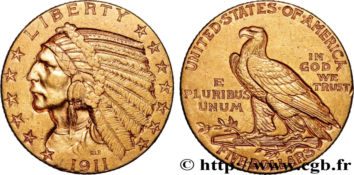 OR, PALLADIUM ET PLATINE INVESTISSEMENT 5 Dollars  Indian Head  1911 Philadelphie TTB 