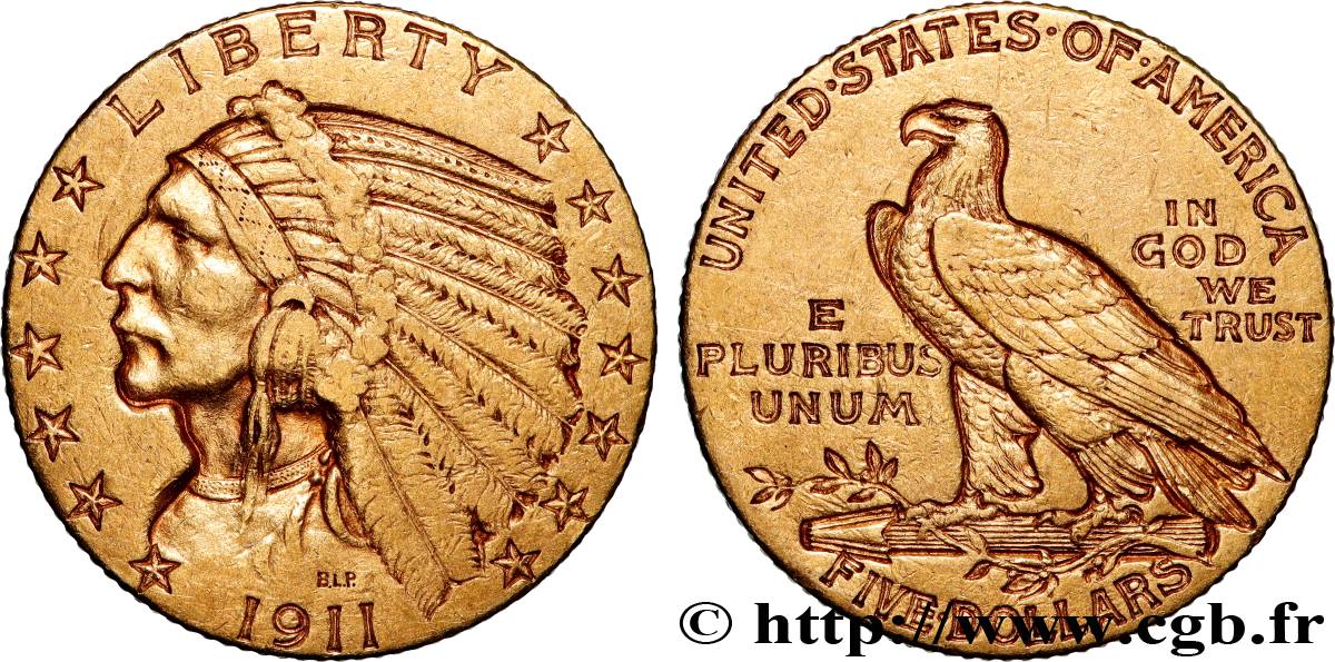 OR, PALLADIUM ET PLATINE INVESTISSEMENT 5 Dollars  Indian Head  1911 Philadelphie TTB 
