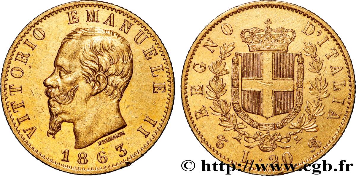 OR, PALLADIUM ET PLATINE INVESTISSEMENT 20 Lire Victor Emmanuel II 1863 Turin TTB 