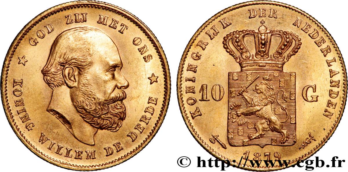 OR, PALLADIUM ET PLATINE INVESTISSEMENT 10 Gulden Guillaume III, 2e type 1879 Utrecht SUP 