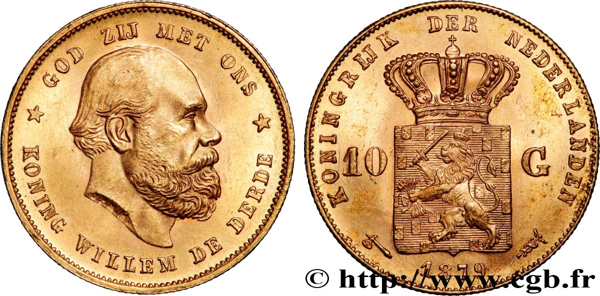 OR, PALLADIUM ET PLATINE INVESTISSEMENT 10 Gulden Guillaume III, 2e type 1879 Utrecht SUP 