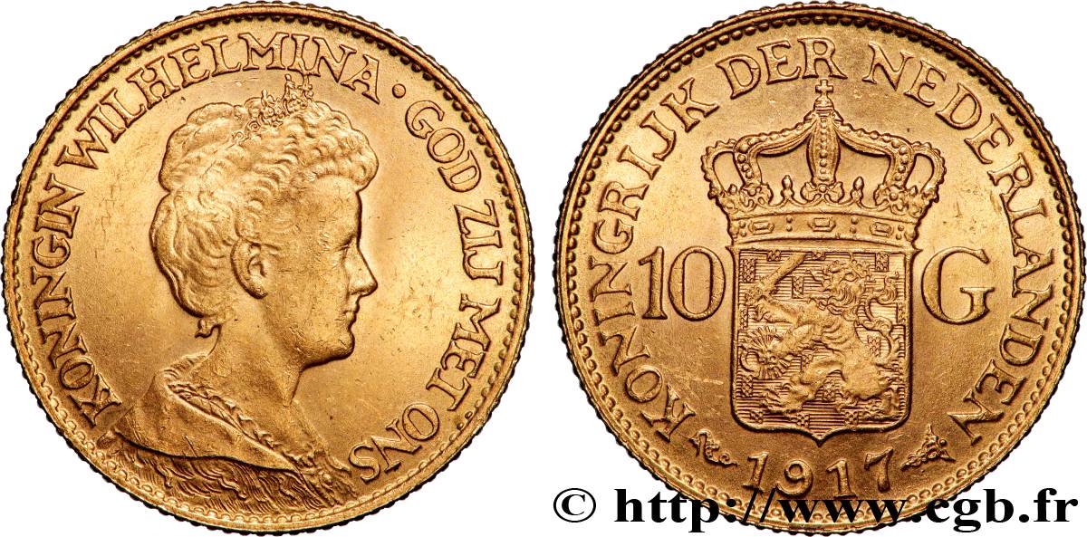 OR, PALLADIUM ET PLATINE INVESTISSEMENT 10 Gulden, 3e type Wilhelmina 1917 Utrecht TTB+ 