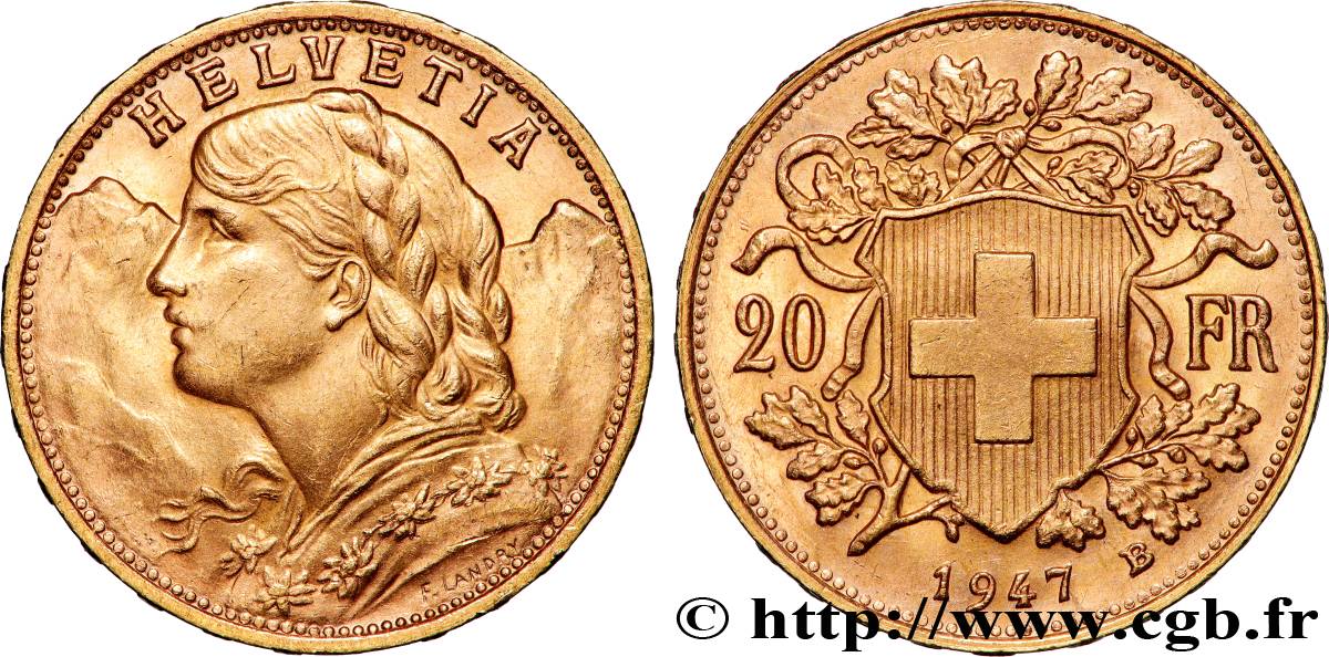 OR, PALLADIUM ET PLATINE INVESTISSEMENT 20 Francs or  Vreneli  1947 Berne SUP 