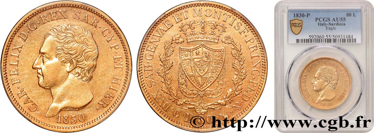 ITALIE - ROYAUME DE SARDAIGNE - CHARLES-FÉLIX 80 Lire  1830 Turin SUP55 PCGS