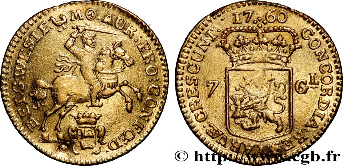 NIEDERLANDE - VEREINIGTEN PROVINZEN - WESTFRIESLAND 7 Gulden ou demi-cavalier d or 1760 Enkhuizen SS 