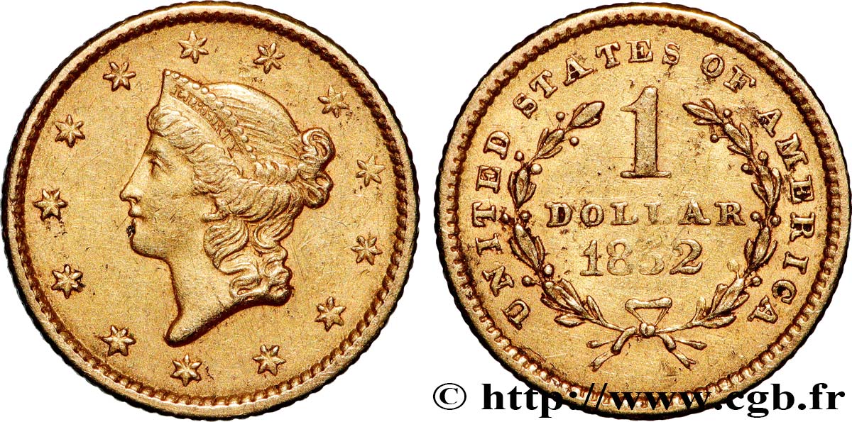 UNITED STATES OF AMERICA 1 Dollar Or  Liberty head  1er type 1852 Philadelphie AU 