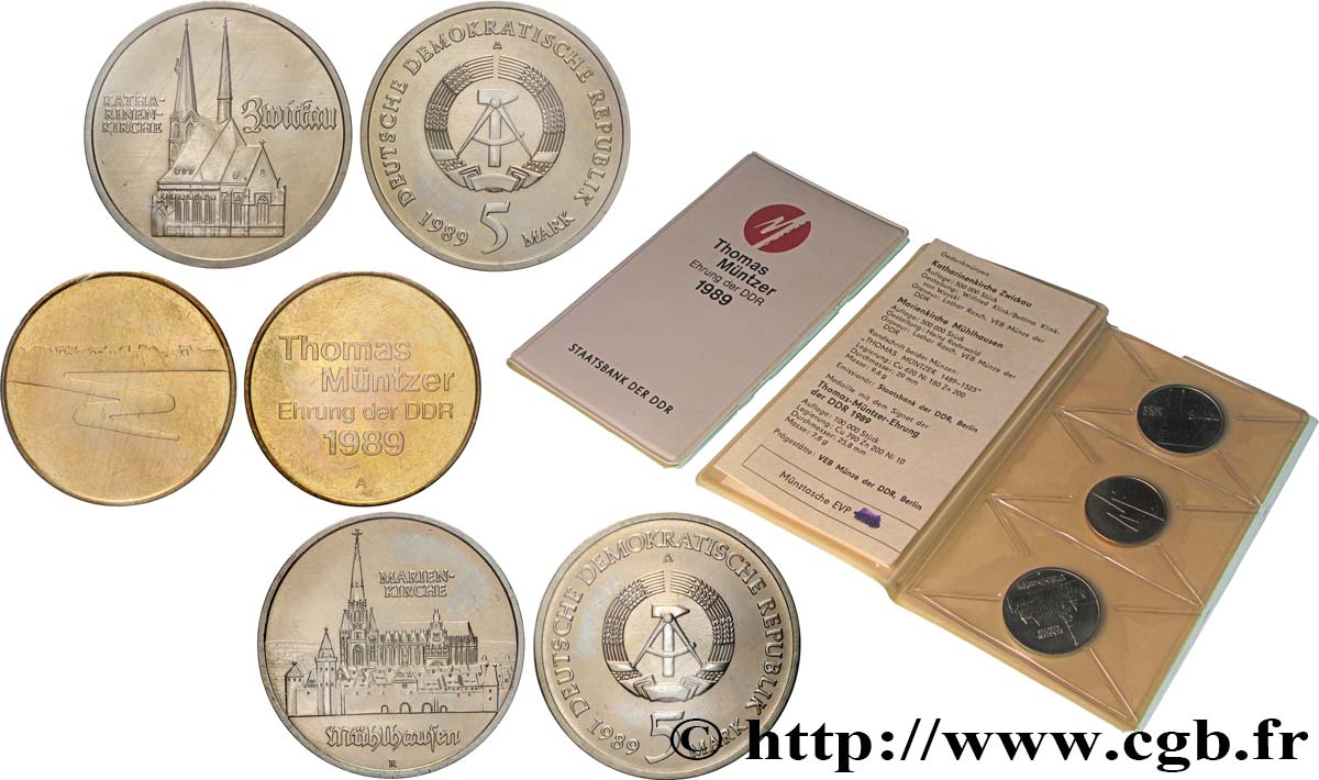 REPúBLICA DEMOCRáTICA ALEMANA Blister 2 x 5 Mark + 1 médaille Thomas Müntzer 1989 Berlin FDC 