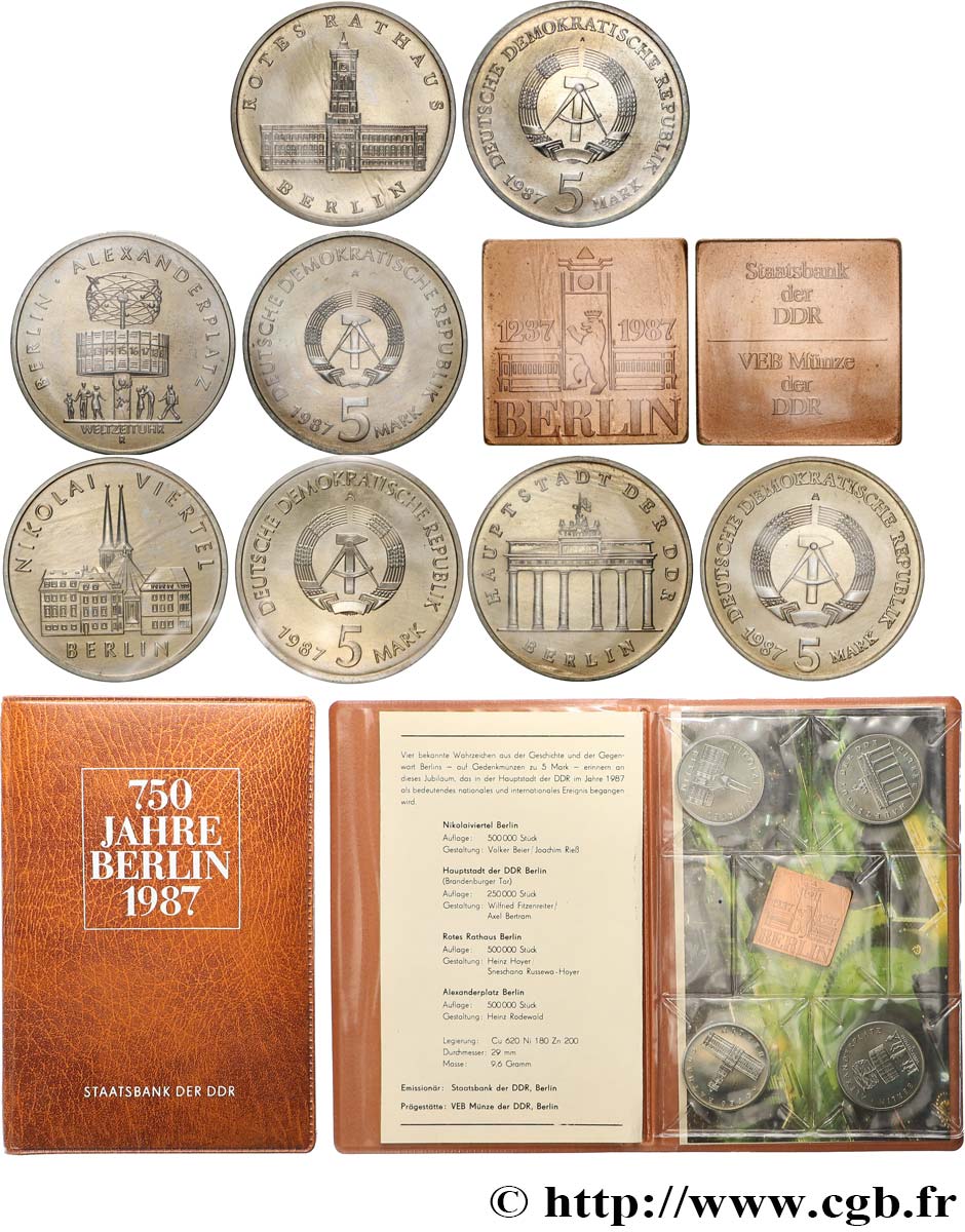 REPúBLICA DEMOCRáTICA ALEMANA Blister 4 x 5 Mark + médaille 1987 Berlin FDC 