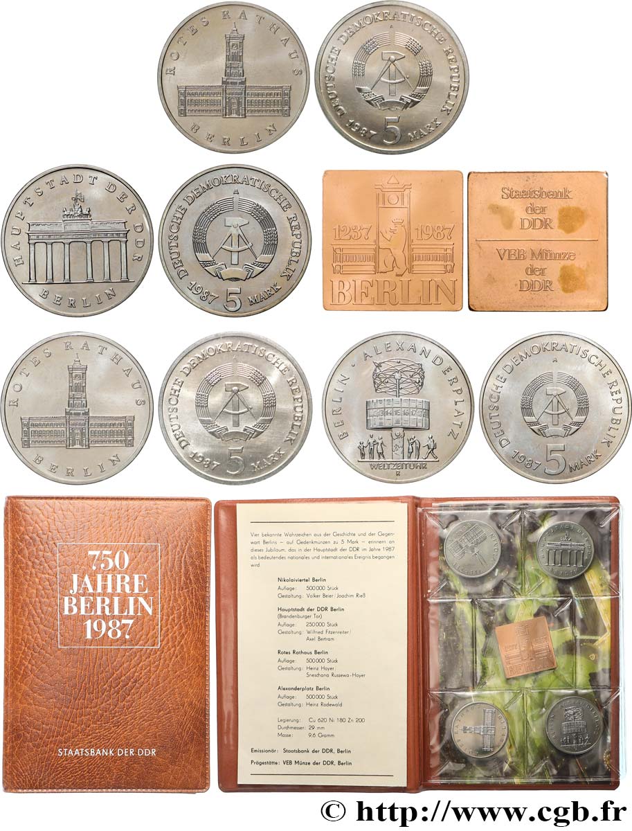 ALLEMAGNE RÉPUBLIQUE DÉMOCRATIQUE Blister 4 x 5 Mark + médaille 1987 Berlin FDC 