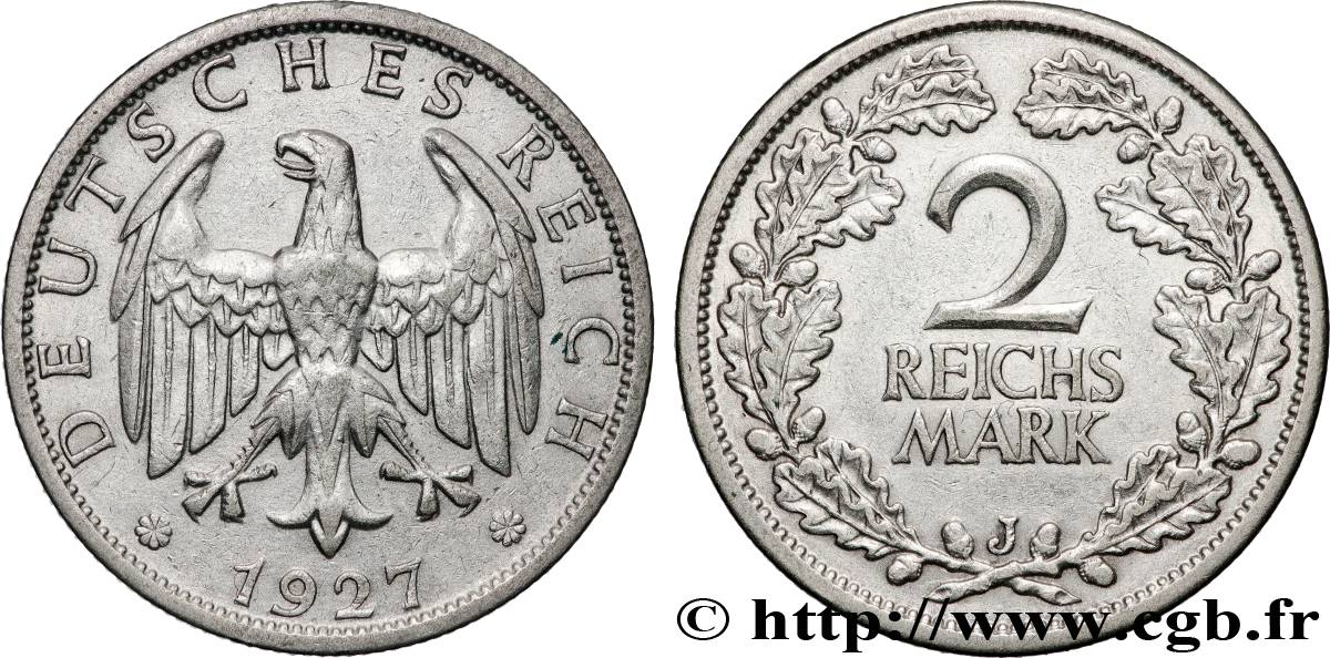ALLEMAGNE 2 Reichsmark aigle 1927 Hambourg TTB/TTB+ 