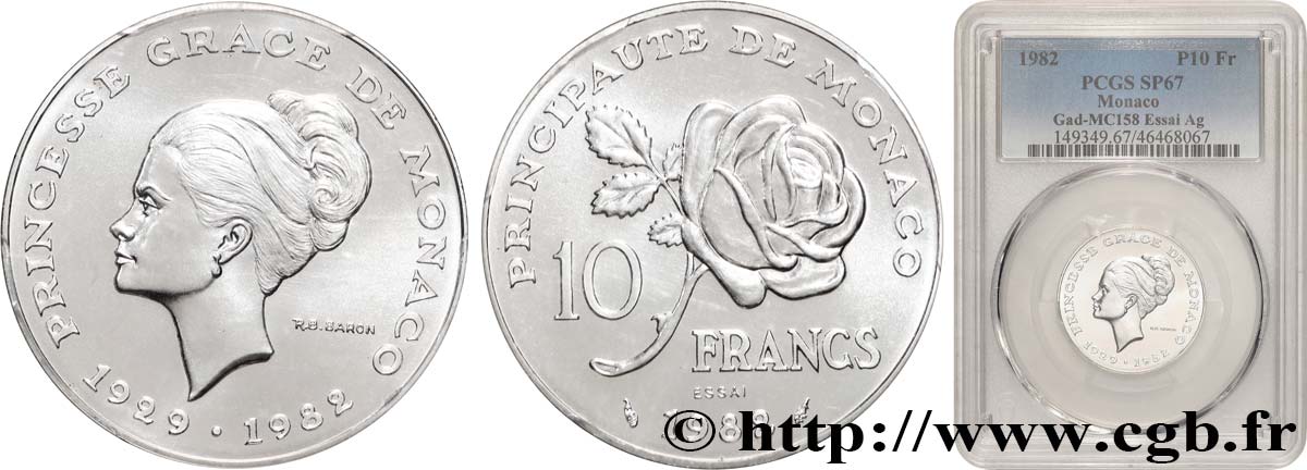 MONACO Essai de 10 Francs princesse Grace de Monaco 1982 Paris FDC67 PCGS