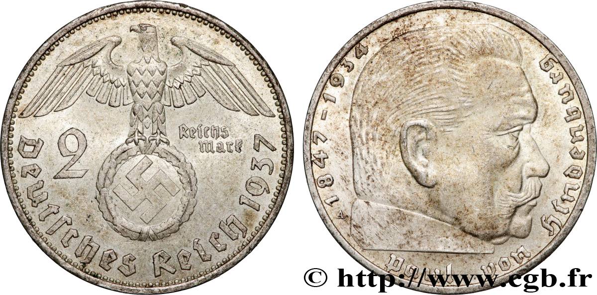 GERMANY 2 Reichsmark Maréchal Paul von Hindenburg 1937 Berlin AU 