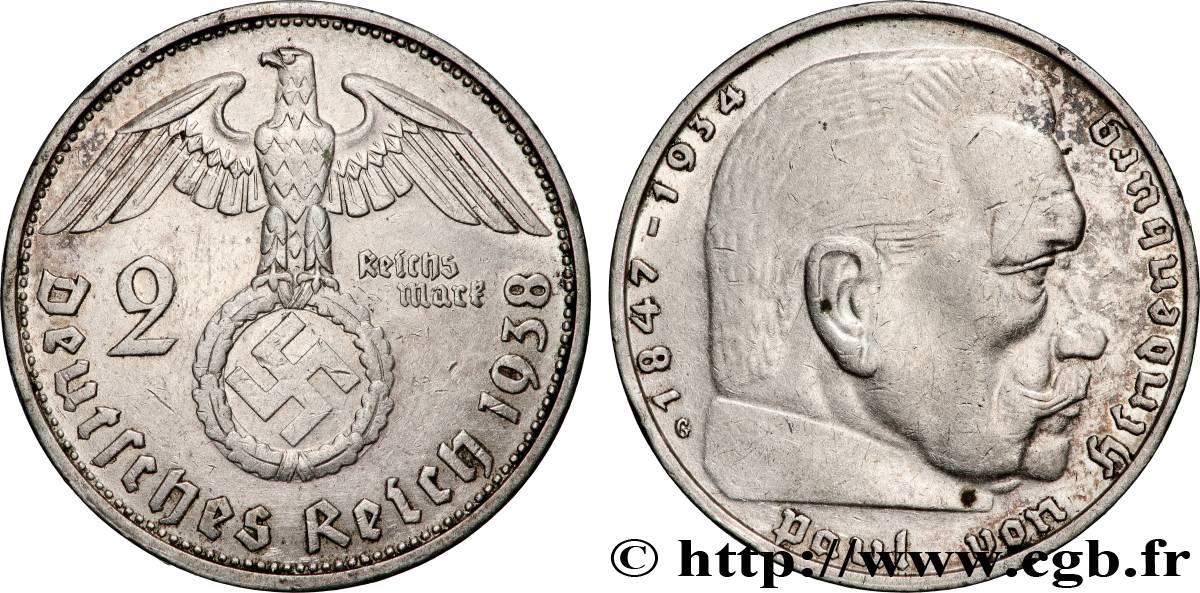 GERMANY 2 Reichsmark Maréchal Paul von Hindenburg 1938 Karlsruhe AU 
