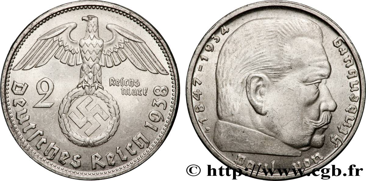 ALLEMAGNE 2 Reichsmark Maréchal Paul von Hindenburg 1938 Vienne SUP 