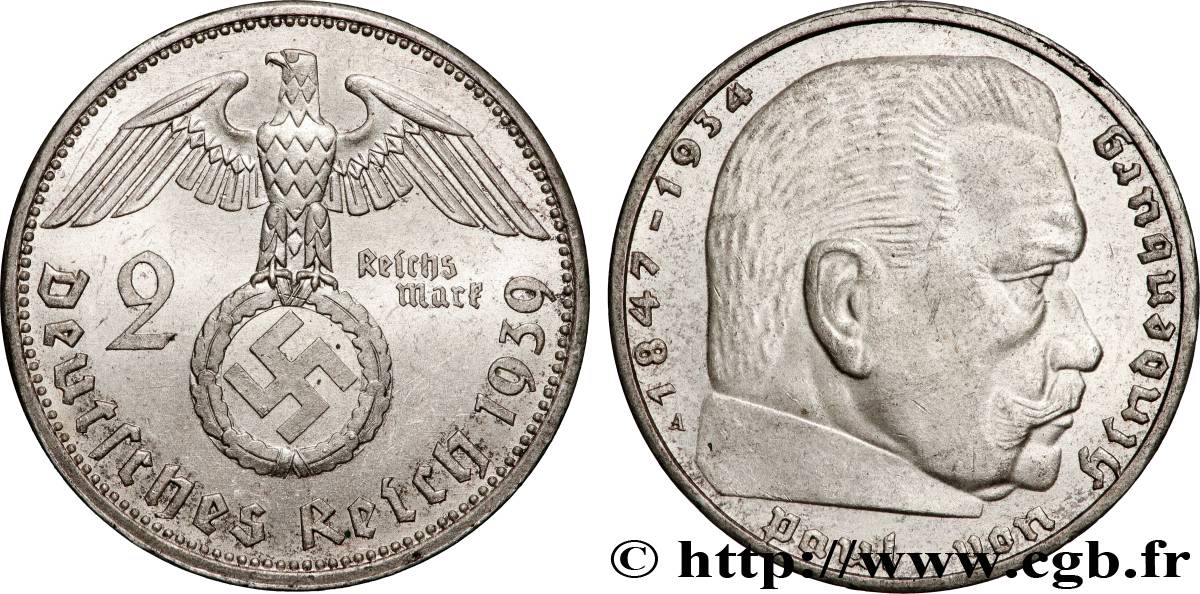 ALLEMAGNE 2 Reichsmark Maréchal Paul von Hindenburg 1939 Berlin SUP 
